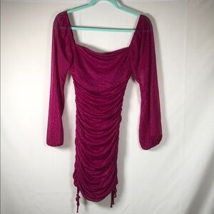 Fairy Sparkle Whimsical Fuchsia Ruched Long-Sleeve Mini Dress with Square Neck